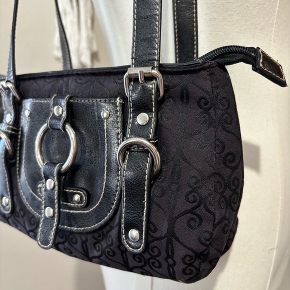 90s Vintage Black Faux Leather Small Studded Fabric Shoulder Bag Purse iPod - Picture 3 of 10